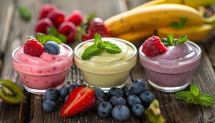 Homemade yogurts with fresh fruit on a wooden table.