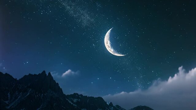 video view from night with a beautiful crescent moon