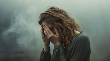 Woman standing in the fog. Her face is hidden in her hands and she is crying. The background is a dark, misty forest - obrazy, fototapety, plakaty