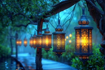 Luxury 3d lantern islamic festival background for ramadan kareem, eid al fitr, islamic holy month, - obrazy, fototapety, plakaty
