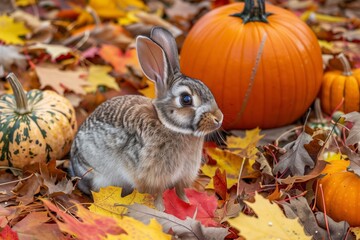 rabbit in tiny shades amidst autumn leaves and pumpkins