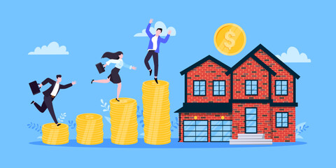 Mortgage refinance to buy a house flat style design business concept. Real estate property or mortgage loan investment. Business people climb money coin stack and home building vector illustration.