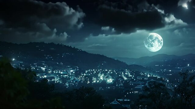 video view at night with full moon over the hill