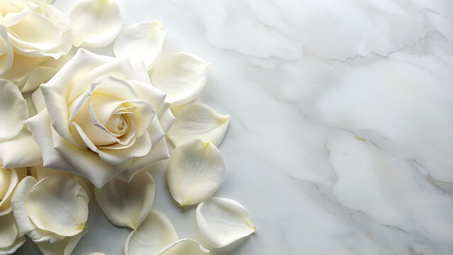 White rose petals isolated with empty space for text on marble background, minimal, side view
