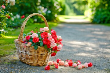 Fototapeta na wymiar basket full of freshly cut roses on a garden path