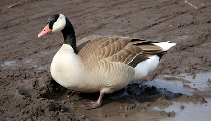 A Goose With Its Beak Buried In The Mud