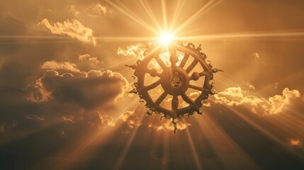 Buddhism dharma wheel floating in the air, clear silhouette on the background of light clouds, sun rays illuminate it from behind, the power of faith, light bright background