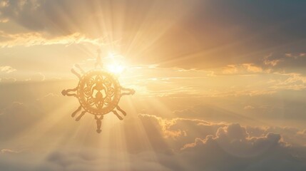 Buddhism dharma wheel floating in the air, clear silhouette on the background of light clouds, sun rays illuminate it from behind, the power of faith, light bright background - obrazy, fototapety, plakaty
