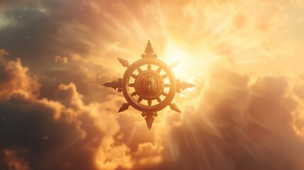 Buddhism dharma wheel floating in the air, clear silhouette on the background of light clouds, sun rays illuminate it from behind, the power of faith, light bright background - obrazy, fototapety, plakaty