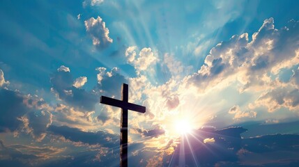 Cross, clear silhouette on the background of light clouds, rays of the sun illuminate it from behind, power of faith, light bright background, wallpaper