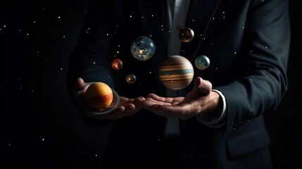 hands of businessman in suit holding solar system