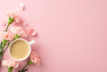 Modern Mother's Day concept. Top view perspective of silky flat white, perky carnations, wee...