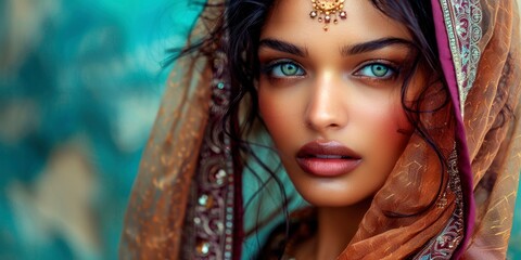 Fototapeta premium Fashion portrait of a lovely indian woman with beautiful facial features, Vogue magazine style photo