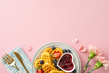 Mother's Day morning feast: top-down view of heart waffles, strawberries, blueberries, jam,...