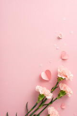 Mother's Day artistic concept. Top view vertical photo of pink carnations, small hearts, and...