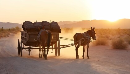 A Mule Pulling A Cart Along A Dusty Desert Road W