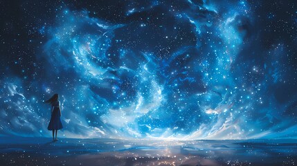 girl in front of the starry sky abstract poster web page PPT background with generative