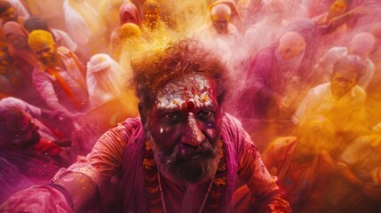 Fototapeta premium A lively Holi celebration in India with Indian men surrounded by colorful powder and enjoying crowds of people 