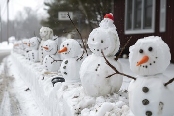 line of snowmen being used as a barricade - obrazy, fototapety, plakaty