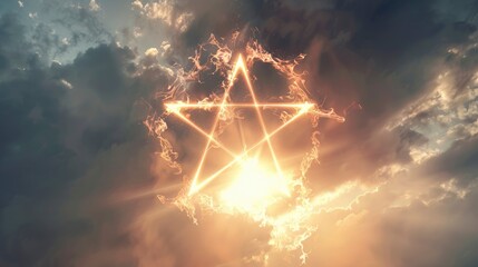 Pentagram Satanism floating in the air, clear silhouette on the background of light clouds, sun rays illuminate it from behind, the power of faith, light bright background