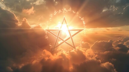 Pentagram Satanism floating in the air, clear silhouette on the background of light clouds, sun rays illuminate it from behind, the power of faith, light bright background - Powered by Adobe