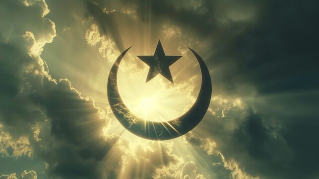 Islam crescent and five-pointed star floating in the air, clear silhouette on the background of light clouds, sun rays illuminate it from behind, the power of faith, light bright background