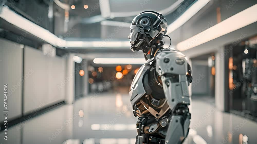 Poster profile view of an advanced cyborg with an illuminated helmet and complex machinery
