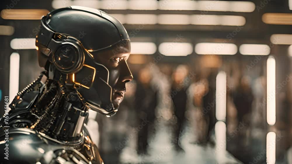 Poster profile view of an advanced cyborg with an illuminated helmet and complex machinery