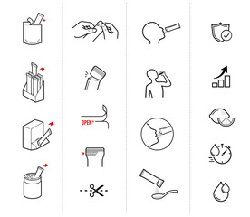 Icons of stick package bag set with samples, preparation instructions. Vector elements for infographics. Set of sign for detailed guideline. Ready for your design. EPS10.