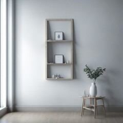Empty Frame in Scandinavian Oak: Against the backdrop of a Scandinavian-style room with light gray walls and light oak flooring, there's an empty frame in warm oak wood leaning on a minimalist bookshe