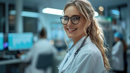 Smiling female doctor in office with stethoscope, glasses, and computer