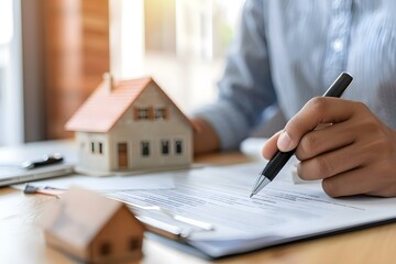 Real estate agent and client signing home purchase agreement in office. Concept Real Estate Transaction, Property Purchase, Signing Agreement, Client Meeting, Business Deal