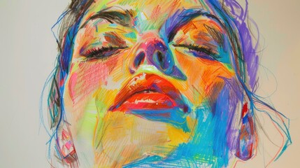 Quick contour lines free hand pastel crayons beautiful woman face sketch - obrazy, fototapety, plakaty