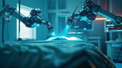 A futuristic medicine and laser surgery robot arm technology In the operating room for future precision surgery shows technological holograms. - obrazy, fototapety, plakaty