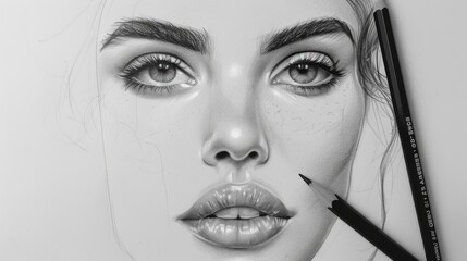 Quick contour lines free hand pencil beautiful woman face sketch - obrazy, fototapety, plakaty