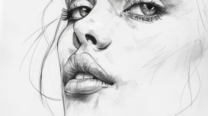 Quick contour lines free hand pencil beautiful woman face sketch - obrazy, fototapety, plakaty