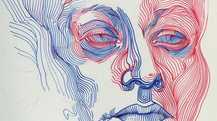Quick contour lines free hand red and blue pen sketch - obrazy, fototapety, plakaty