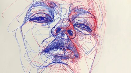 Quick contour lines free hand red and blue pen sketch - obrazy, fototapety, plakaty