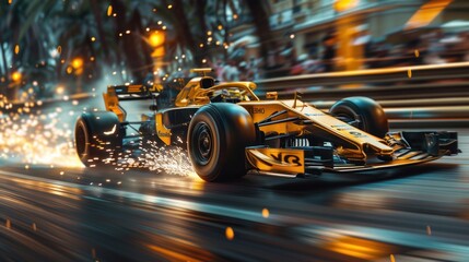 A racing cars on the race track The fastest golden racing car with sparks coming from beneath it competes in Monaco. - obrazy, fototapety, plakaty