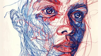 Papier peint Crâne aquarelle Quick contour lines free hand red and blue pen sketch