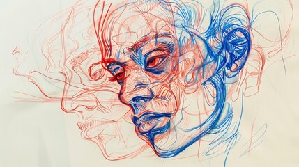 Quick contour lines free hand red and blue pen sketch