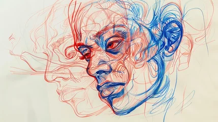 Poster Crâne aquarelle Quick contour lines free hand red and blue pen sketch