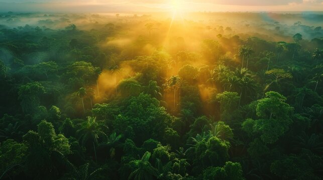 Fototapeta Aerial view of tropical forest at sunset with beautiful green Amazon forest landscape at sunset. An aerial drone exploration adventure