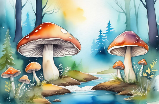 Fabulous big mushrooms in a magical forest. Fantastic mushrooms, along a mountain river, book cover illustration. An amazing landscape of nature. High quality photo