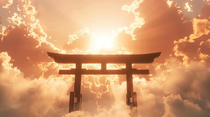 Shintori gate floating in the air, clear silhouette on the background of light clouds, sun rays illuminate it from behind, the power of faith, light bright background - obrazy, fototapety, plakaty