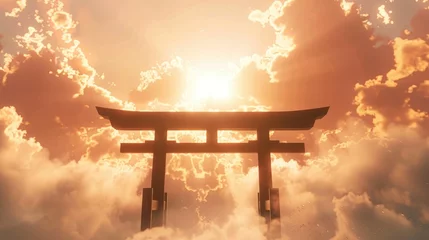 Rollo Shintori gate floating in the air, clear silhouette on the background of light clouds, sun rays illuminate it from behind, the power of faith, light bright background © shooreeq