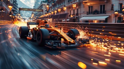 A racing cars on the race track The fastest golden racing car with sparks coming from beneath it competes in Monaco. - obrazy, fototapety, plakaty