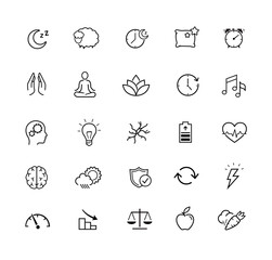 Vitality icon set for human-improving products, sleep, rest. The outline icons are well scalable and editable. Contrasting elements are good for different backgrounds. EPS10.