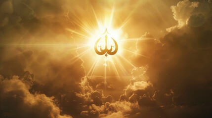 Sikhism Khanda floating in the air, clear silhouette on the background of light clouds, sun rays illuminate it from behind, the power of faith, light bright background