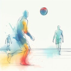 Beach volleyball in watercolor paint illustration with Generative AI.